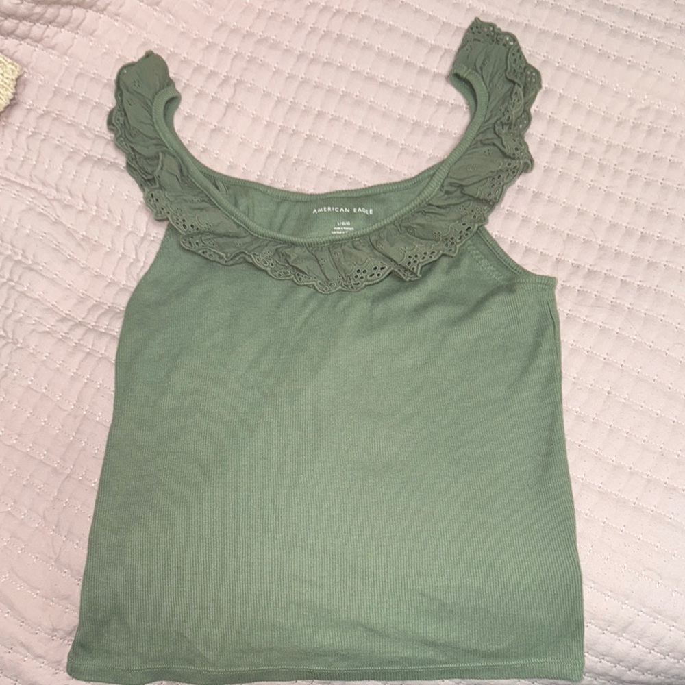 American Eagle Outfitters Green Ruffled Tank Top
